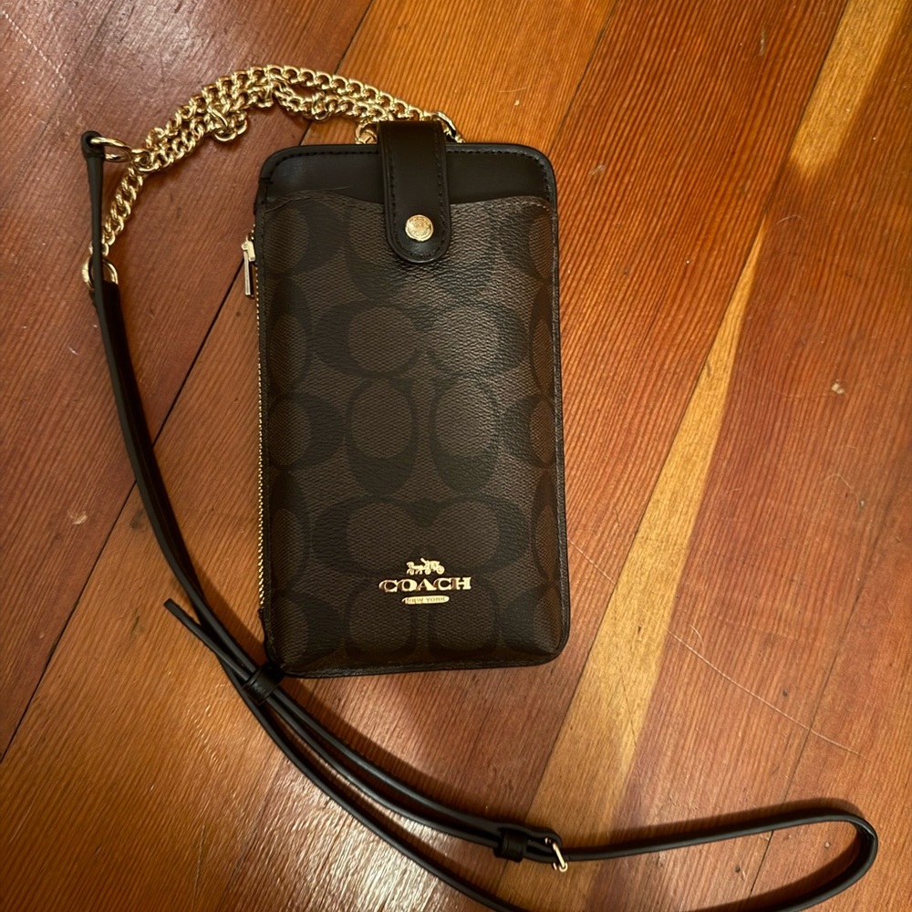 Coach Signature Brown Phone Case with Gold Chain